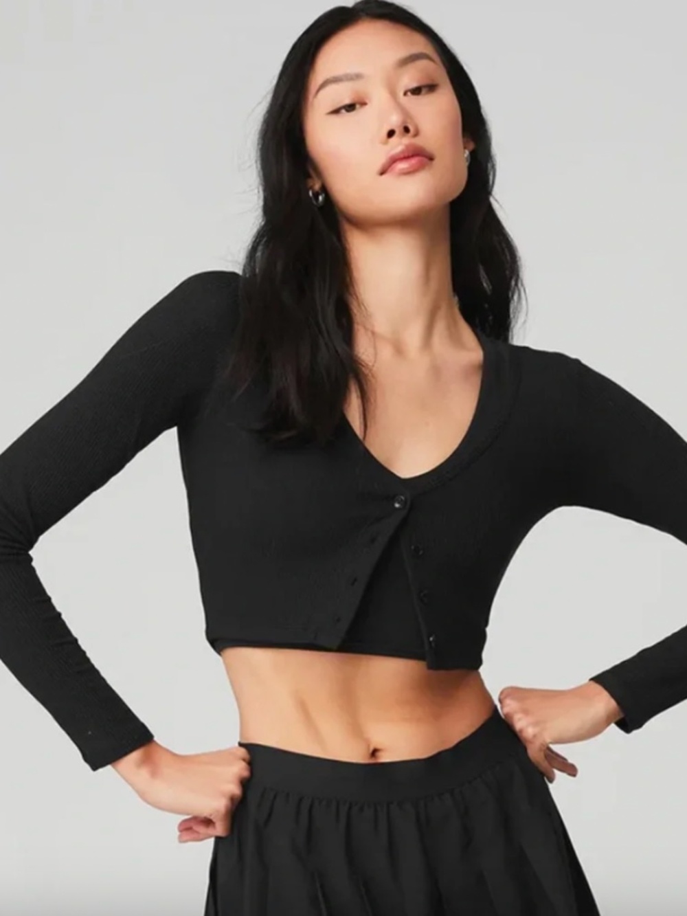ALO YOGA Ribbed Cropped Whisper Cardigan Long Sleeve Button Crop Top Tee